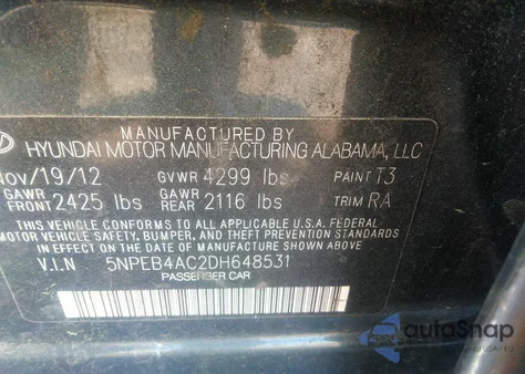 2013 Hyundai Sonata Gls z USA, uszkodzony, nr VIN 5NPEB4AC2DH648531